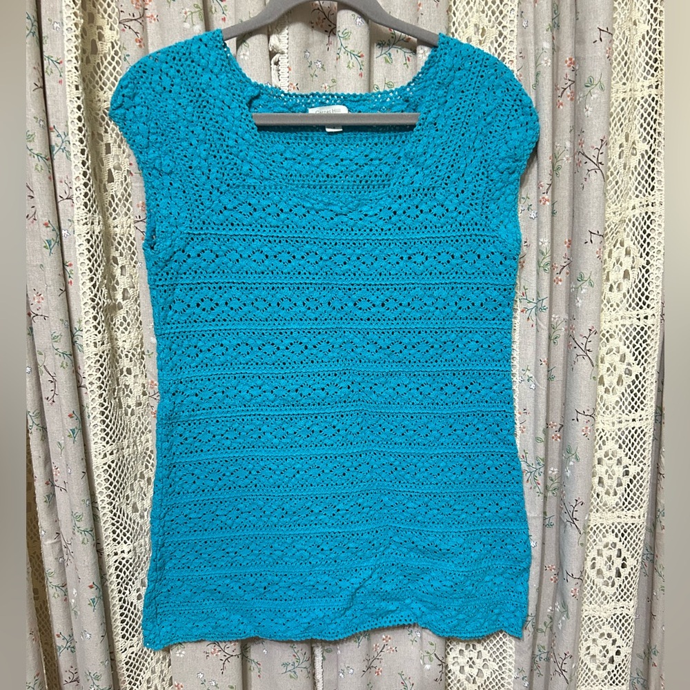 3/$25 Garnet Hill Teal‎ Crochet Knit Cotton Tunic Top Size M EUC